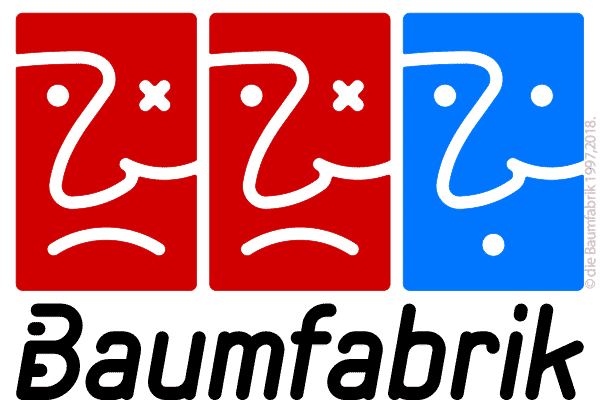 die Baumfabrik Logo: a sad red face, another sad red face, a neutral blue face.